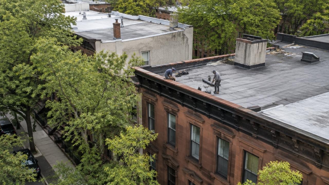 roof repair on a Jersey City brownstone