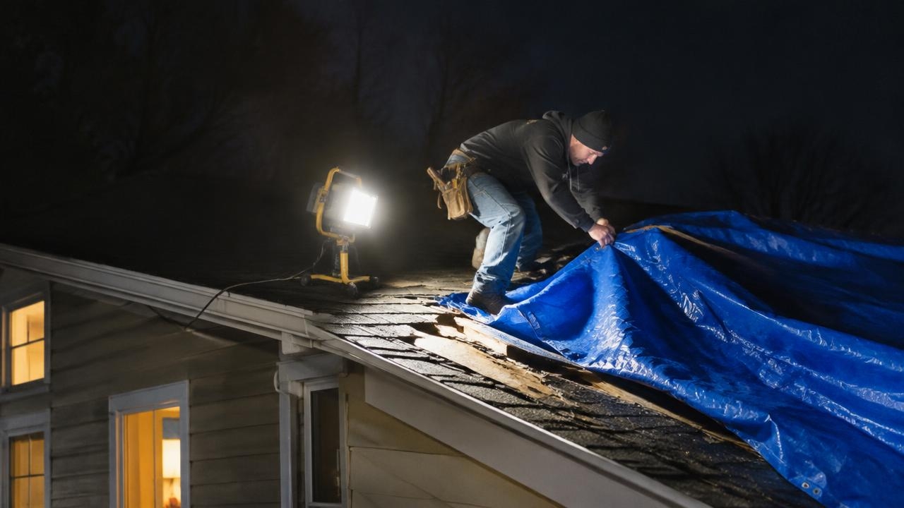 emergency Roof Repair at Night in Jersey City