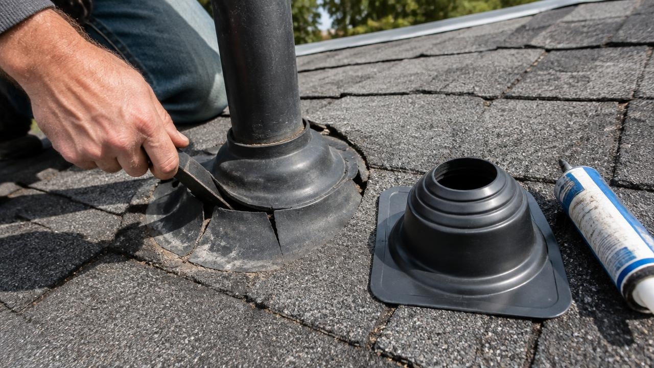 roofer Replacing Cracked Pipe Boot in Jersey City