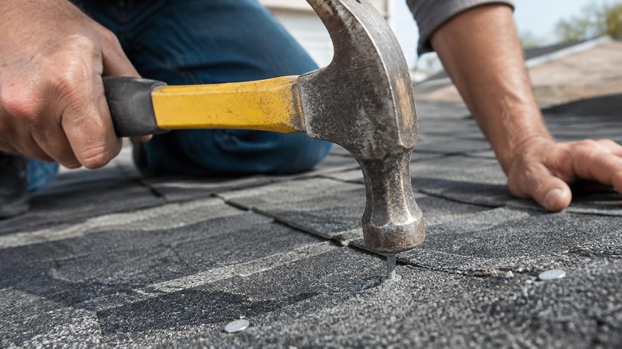 roofer Hammering Shingles on a Jersey City Roof
