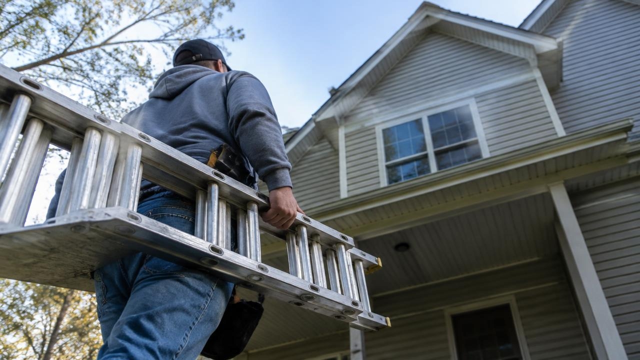 roofer Carrying a Ladder to a Jersey City Roof